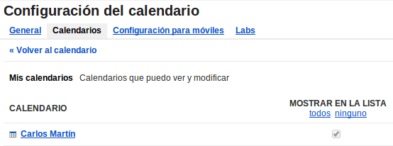 Selección de calendario. Google Calendar