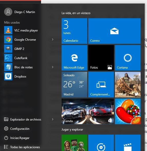 Menu de inicio Windows 10