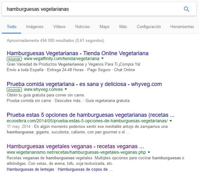 SERP para hamburguesa vegetariana en google
