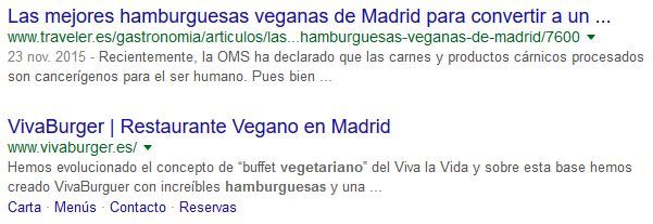primeros resultados orgánicos SERP hamburguesa vegetariana madrid en Google