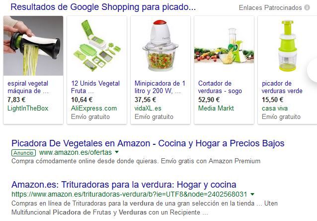 primeros resultados SERP picadora de verduras en Google